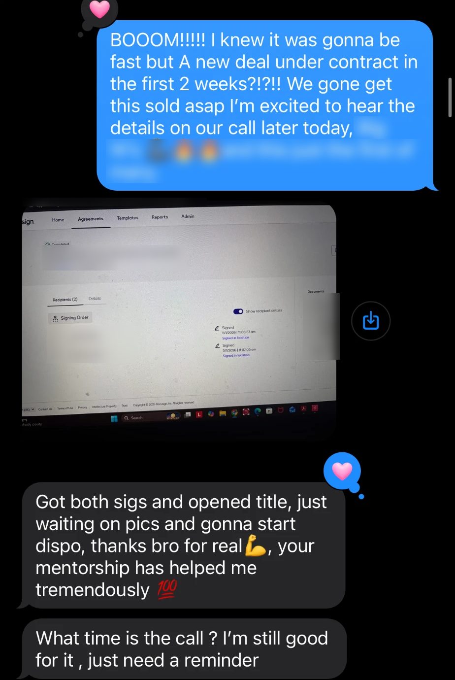 Text from a student: new deal under contract in the first 2 weeks, mentorship has helped me tremendously